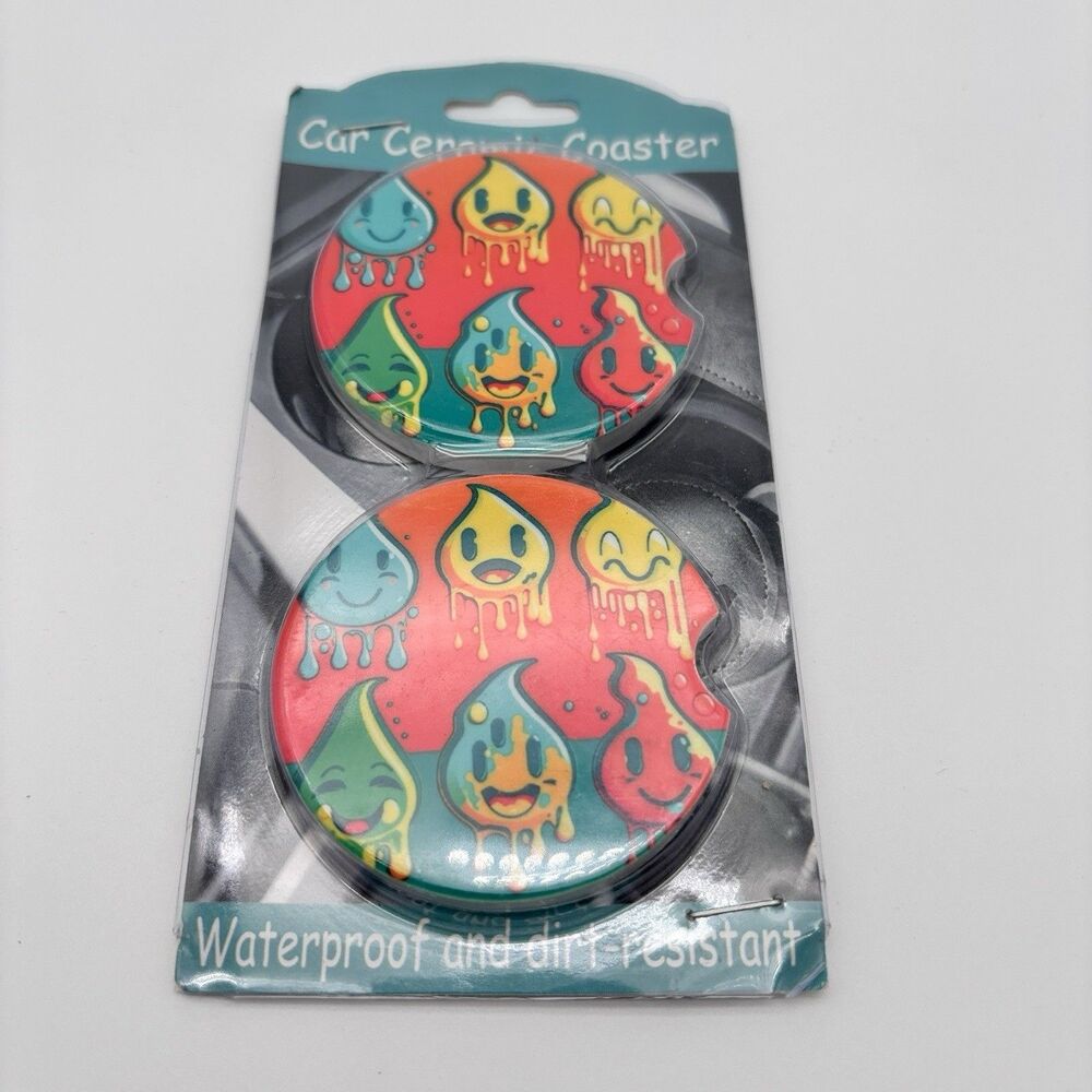 BeeGogo 2 Pack Car Coasters Ceramic 2.56" Smile Face Melting Emoji Cup Holder